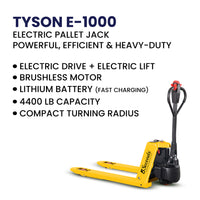 Tyson E-1000 Electric Industrial Pallet Jack Pallet Jack, 27"x48" Forks, 4400 lb, Lithium Battery