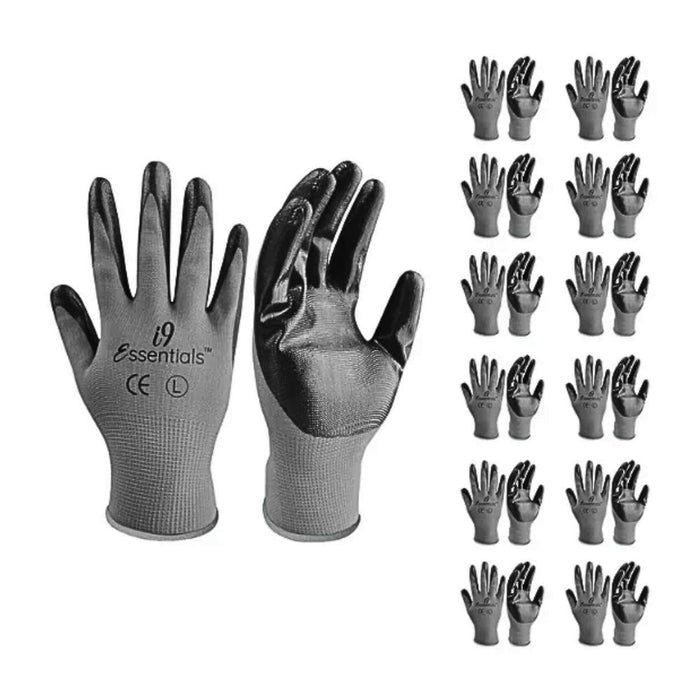 Nitrile Coated Work Gloves | Multi-Purpose | 12 Pairs | Grey & Black