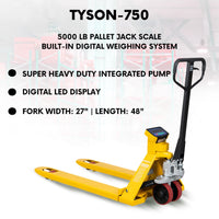 5Seconds Tyson 750 Pallet Jack Scale With Scale Truck, 5000 lb Capacity, 27"x 48" Pallet Jack Forklift with Built-in Digital Scale, 1lb Readability, Heavy-Duty Industrial Pallet Truck for Warehouse