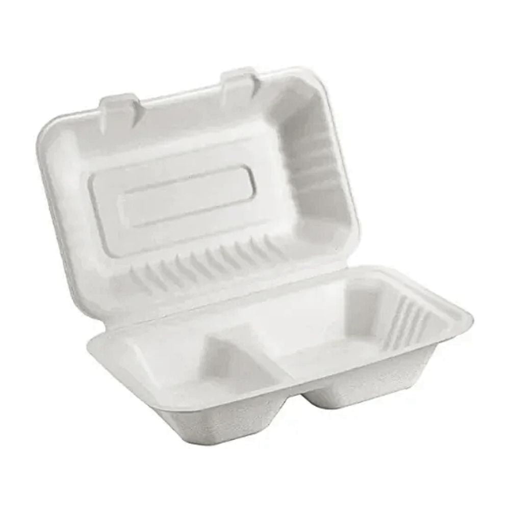 Biodegradable Sugarcane Bagasse 2 Compartment Take out Container for Hot and Cold Food | 9"x 6" | 200 Pcs | Environmental Friendly