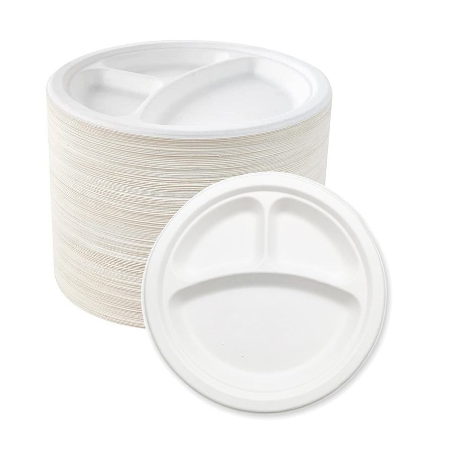 Bagasse 3-Compartment Plates 9-inch 500-Pieces | 5Seconds Brand