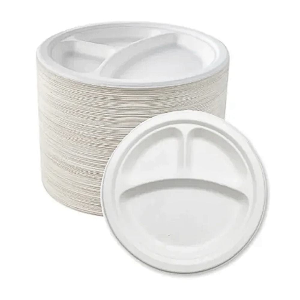 Biodegradable Sugarcane Baggase 3 Compartment Plate for Hot and Cold Food | 9" | 500 Pcs | Environmental Friendly