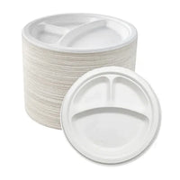 Biodegradable Sugarcane Baggase 3 Compartment Plate for Hot and Cold Food | 9" | 500 Pcs | Environmental Friendly