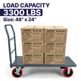 STEEL STRONG Heavy Duty Diamond Plated Industrial Platform Cart 48” X 24” with 3300 lbs Capacity, and 8" red swivel wheels with Lock