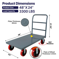 Steel Strong Diamond Plated Industrial Platform Cart 48"x24", 3300 Lbs, "8" Red Locking Wheels