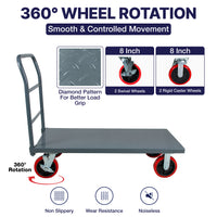 Steel Strong Diamond Plated Industrial Platform Cart 48"x24", 3300 Lbs, "8" Red Locking Wheels
