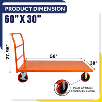 Steel Strong Diamond Plated Orange Industrial Platform Cart 60” X 30”, 3300 Lbs, "8" Red Locking Wheels