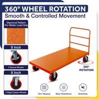Steel Strong Diamond Plated Orange Industrial Platform Cart 60” X 30”, 3300 Lbs, "8" Red Locking Wheels
