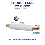 Industrial Grade Pallet Stretch Wrap 20" x 1000Ft | 800% Strechable | 80 Guage | Clear