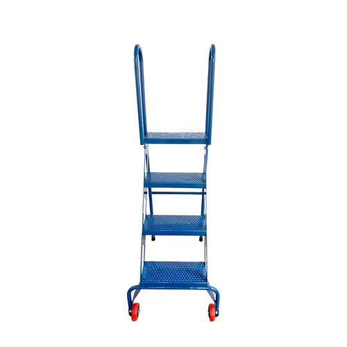 4 Step Folding Rolling Ladder | Heavy-Duty Steel | 350 Lbs Capacity | Blue
