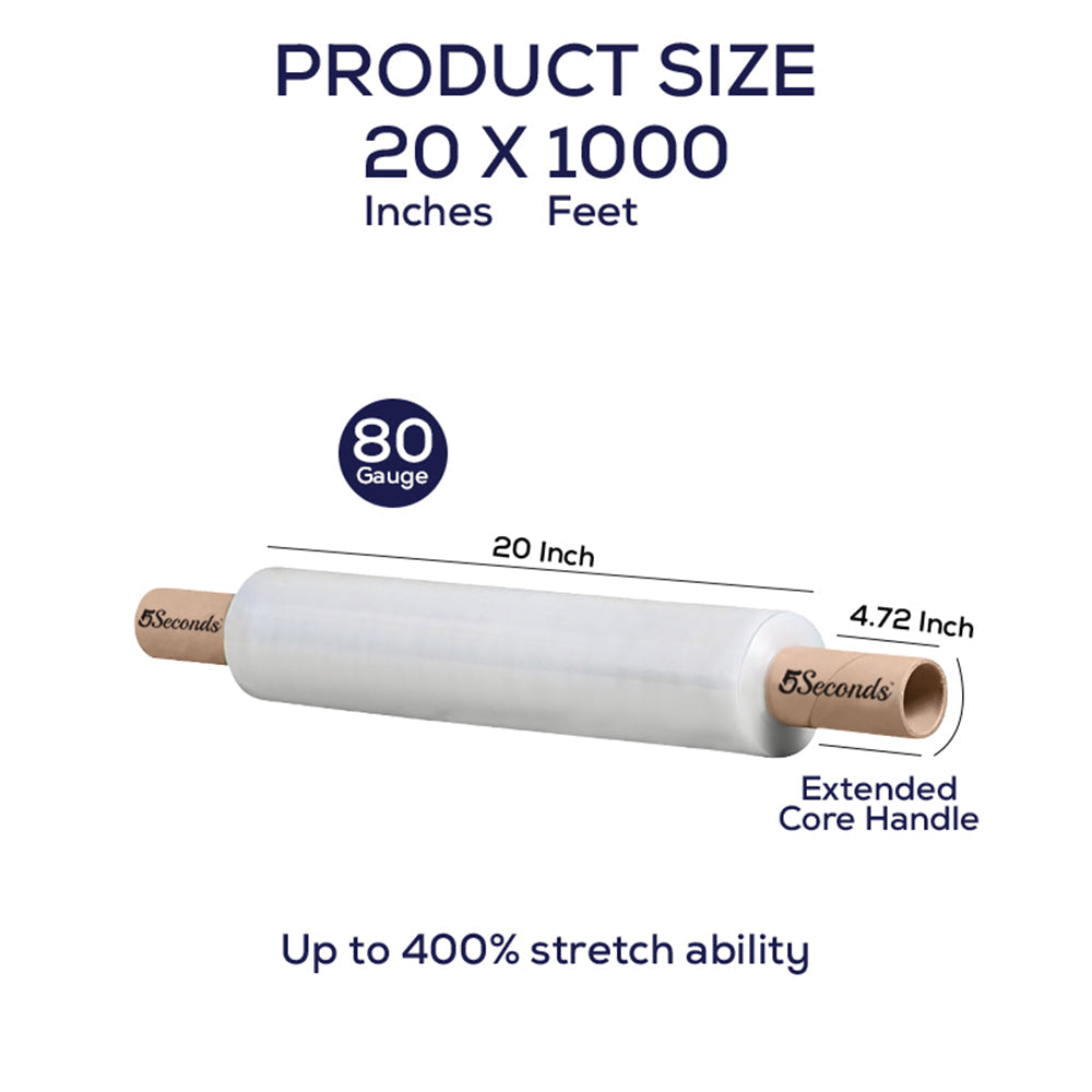 Industrial Grade (Pack of 8) 20" x 1000Ft Shrink Wrap with Core Handle for Shipping 80 Gauge Thickness 400% Stretchable Plastic Shrink Film Roll for Packing Moving Supplies, Furniture