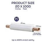 Industrial Grade Pallet Stretch Wrap 20" x 1000Ft | 800% Strechable | 80 Guage | Clear