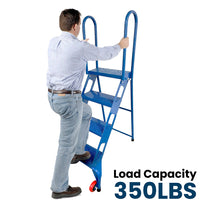 4 Step Commercial Folding Ladder, High Quality Steel, 350 lbs, Blue