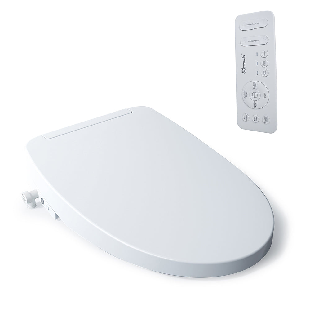 5Seconds™ Smart Bidet Toilet Seat Elongated, White, Soft Close Bidet. Arced Stainless Steel Nozzle, Multifunctional