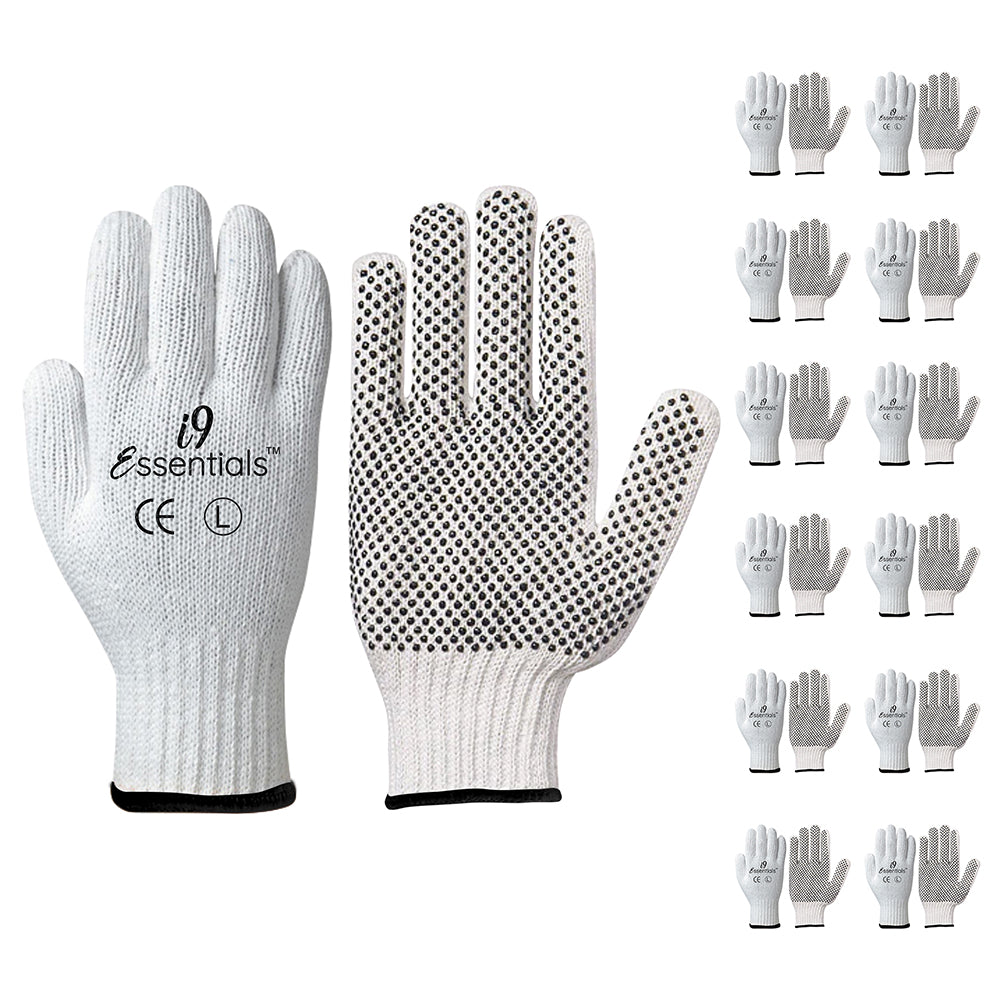 i9 Essentials 12 Pairs of Large PVC Dotted Cotton Work Gloves | Lightweight Multi-Purpose Safety Gloves with Grip - White