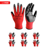 i9 Essentials™ Multi-Purpose Work Gloves Large Seamless - Nitrile-Coated Safety Gloves for Men - Lightweight Safety Gloves for Woodworking, Gardening, Construction Work Gloves - Black & Red, 6 Pairs