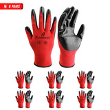 i9 Essentials™ Multi-Purpose Work Gloves Medium Seamless - Nitrile-Coated Safety Gloves for Men - Lightweight Safety Gloves for Woodworking, Gardening, Construction Work Gloves - Black & Red, 6 Pairs