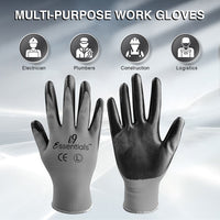 i9 Essentials 12 Pairs of gloves Large Nitrile-Coated Work Gloves | Lightweight Multi-Purpose Safety Gloves with Grip - Grey and Black