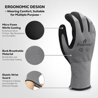i9 Essentials 12 pairs of gloves Micro-Foam | Touchscreen Nitrile Coated Work Gloves | Large Multi-Purpose Safety Gloves for Men/Women - Grey