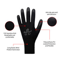 i9 Essentials 12 Pairs of Large PU Coated Work Gloves | Lightweight Multi-Purpose Safety Gloves with Grip - Black