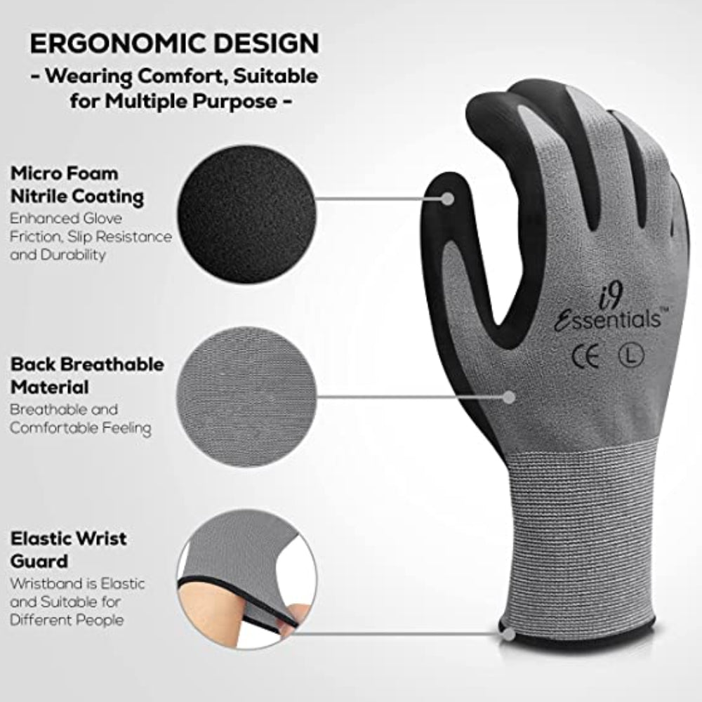 i9 Essentials™ Multi-Purpose Work Gloves Large - Micro-Foam Nitrile-Coated Safety Gloves for Men - Seamless Lightweight Safety Glove for Woodworking, Gardening, Construction Work Gloves Pairs, 12 Pairs