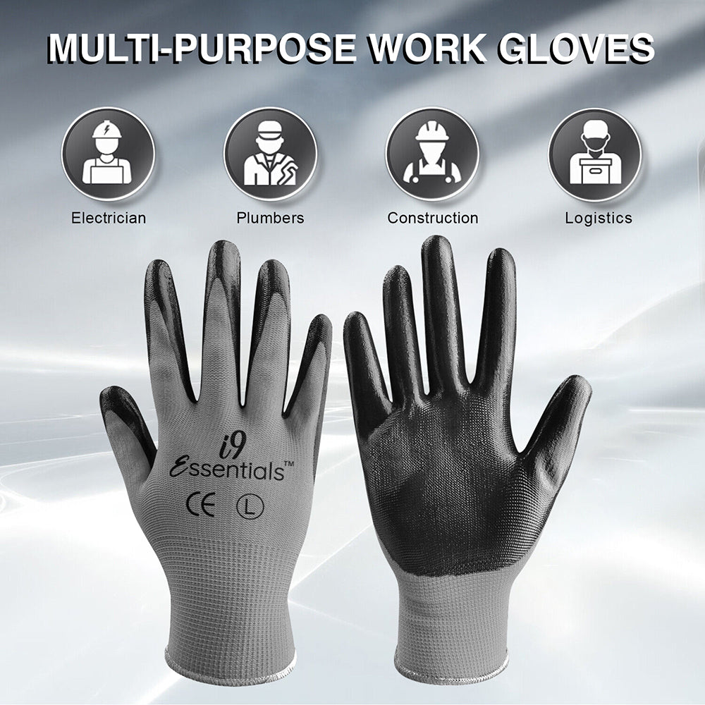 i9 Essentials Multi-Purpose Work Gloves Medium - Nitrile-Coated Work Gloves for Men - Safety Gloves - Black & Grey