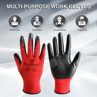i9 Essentials 12 Pairs of gloves Nitrile-Coated Work Gloves | Lightweight Multi-Purpose Safety Gloves with Grip - Red & Black