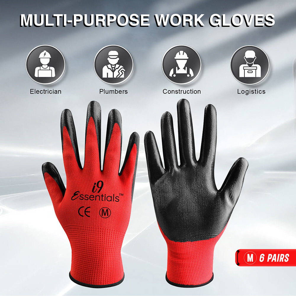 i9 Essentials™ Multi-Purpose Work Gloves Medium Seamless - Nitrile-Coated Safety Gloves for Men - Lightweight Safety Gloves for Woodworking, Gardening, Construction Work Gloves - Black & Red, 6 Pairs