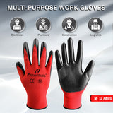 i9 Essentials™ Multi-Purpose Work Gloves Medium Seamless - Nitrile-Coated Safety Gloves for Men - Lightweight Safety Gloves for Woodworking, Gardening, Construction Work Gloves - Black & Red, 12 Pairs