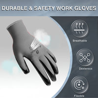 i9 Essentials 12 Pairs of gloves Large Nitrile-Coated Work Gloves | Lightweight Multi-Purpose Safety Gloves with Grip - Grey and Black