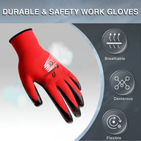 i9 Essentials 12 Pairs of gloves Nitrile-Coated Work Gloves | Lightweight Multi-Purpose Safety Gloves with Grip - Red & Black