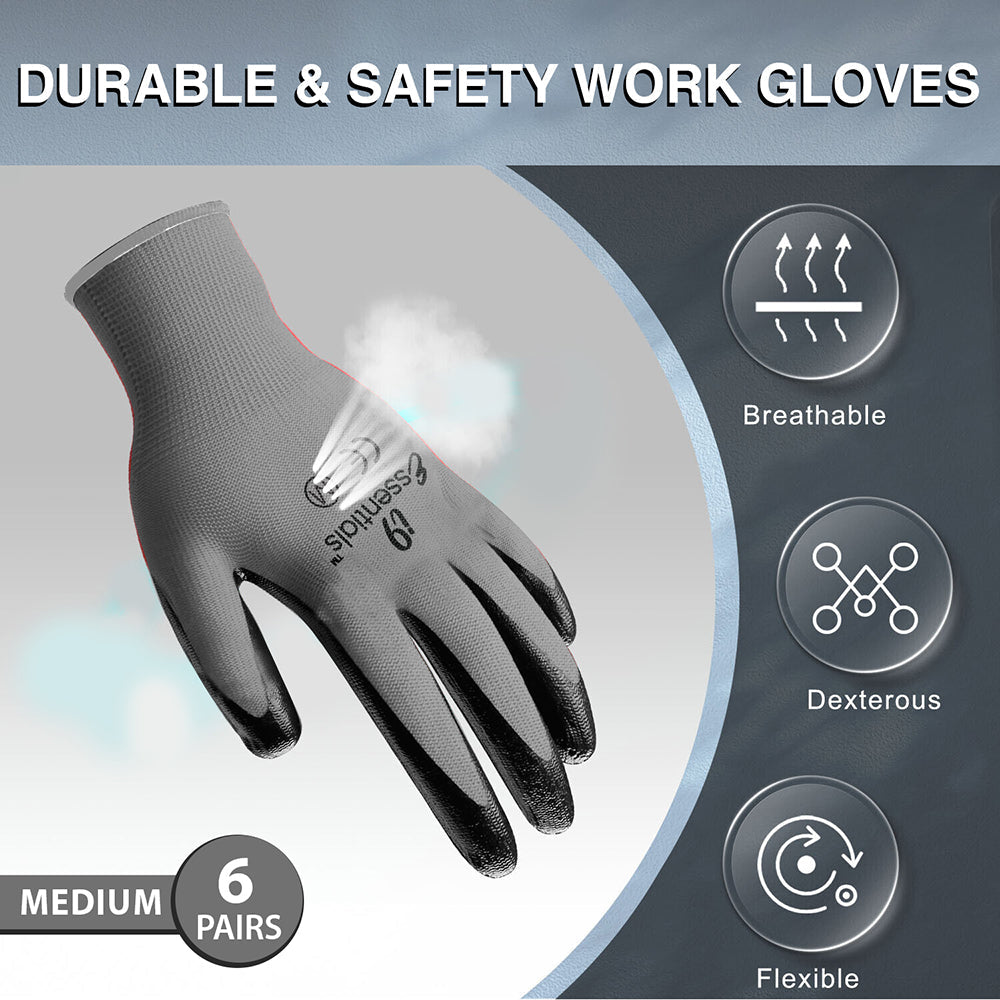 Nitrile coated Gloves-6 Pairs, Grey & Black