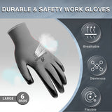 i9 Essentials 6 Pairs of gloves Large Nitrile-Coated Work Gloves | Lightweight Multi-Purpose Safety Gloves with Grip - Grey and Black