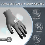 i9 Essentials Multi-Purpose Work Gloves Large Seamless - Nitrile-Coated Safety Gloves for Men - Lightweight Safety Gloves for Woodworking, Gardening, Construction Work Gloves Pairs - Grey, 6 Pairs