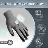 i9 Essentials™ Multi-Purpose Work Gloves Medium Seamless - Nitrile-Coated Safety Gloves for Men - Lightweight Safety Gloves for Woodworking, Gardening, Construction Work Gloves Pairs - Grey, 12 Pairs