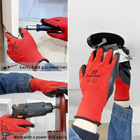 i9 Essentials 12 Pairs of gloves Nitrile-Coated Work Gloves | Lightweight Multi-Purpose Safety Gloves with Grip - Red & Black