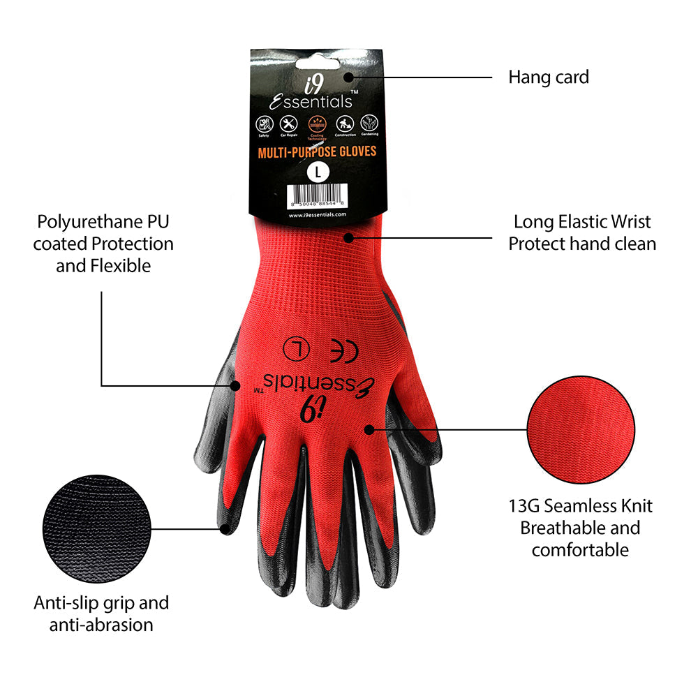 i9 Essentials Multi-Purpose Work Gloves Large - Nitrile Coated Work Gloves for Men - Seamless Lightweight Safety Work Gloves with Grip for