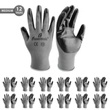 i9 Essentials 12 Pairs of gloves Medium Nitrile-Coated Work Gloves | Lightweight Multi-Purpose Safety Gloves with Grip - Grey and Black