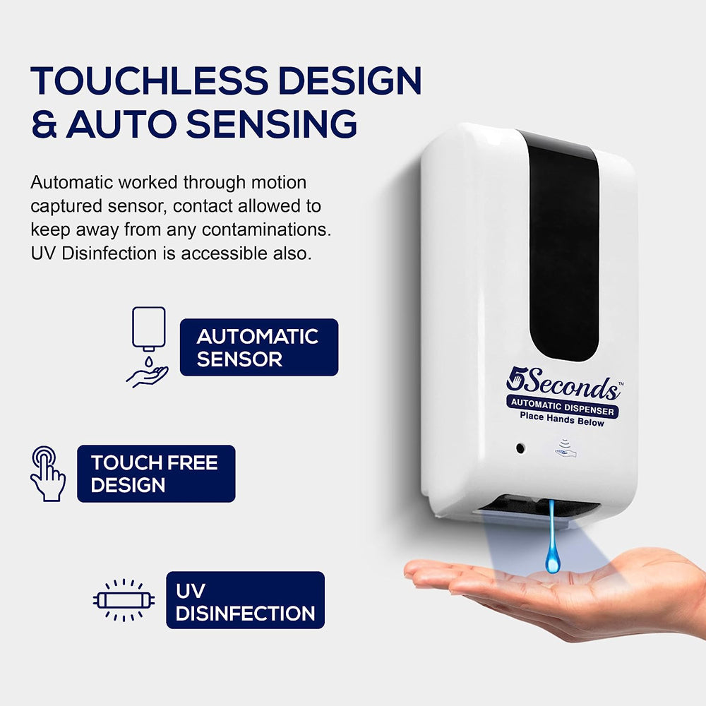 5Seconds™ Automatic Soap Dispenser, 1000ml/33.8oz Touchless Liquid Soap Dispenser with Infrared Sensor & Wall Mount for Commercial, Bathroom, Hotel, School, and Kitchen Use – White