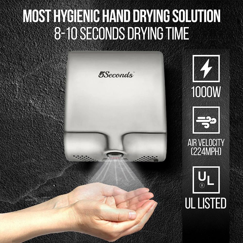 5Seconds™ Electric Hand Dryers for Bathrooms Commercial in 1000W, Grey Stainless Steel with Hepa Filter, Touch Free Sensor, High Speed Energy Efficient UL Listed, 2 Years Warranty, ADA Compliant