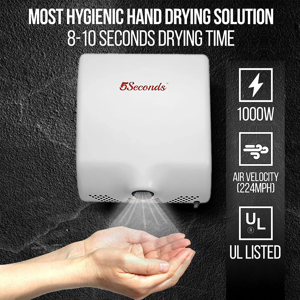 5Seconds™ Electric Hand Dryers for Bathrooms Commercial in 1000W, White Stainless Steel with Hepa Filter, Touch Free Sensor, High Speed Energy Efficient UL Listed, 2 Years Warranty, ADA Compliant