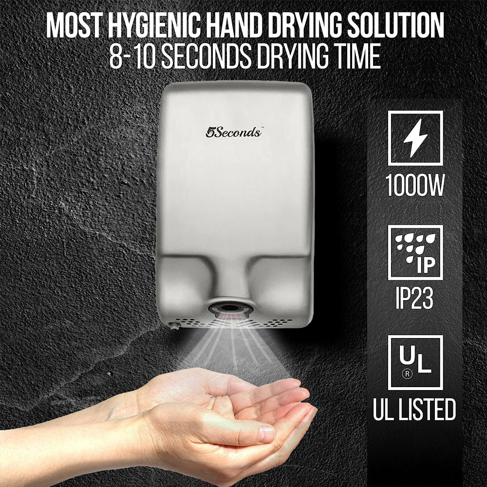 5Seconds™ Electric Hand Dryers for Bathrooms Commercial in 1000W, Stainless Steel Turbo Mini Grey, Touch Free Sensor, High Speed Energy Efficient UL Listed, 2 Years Warranty, ADA Compliant